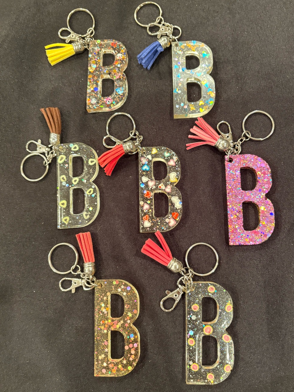 Glitter Resin 'B' Keychains with Tassels‎ - Multiple Colors